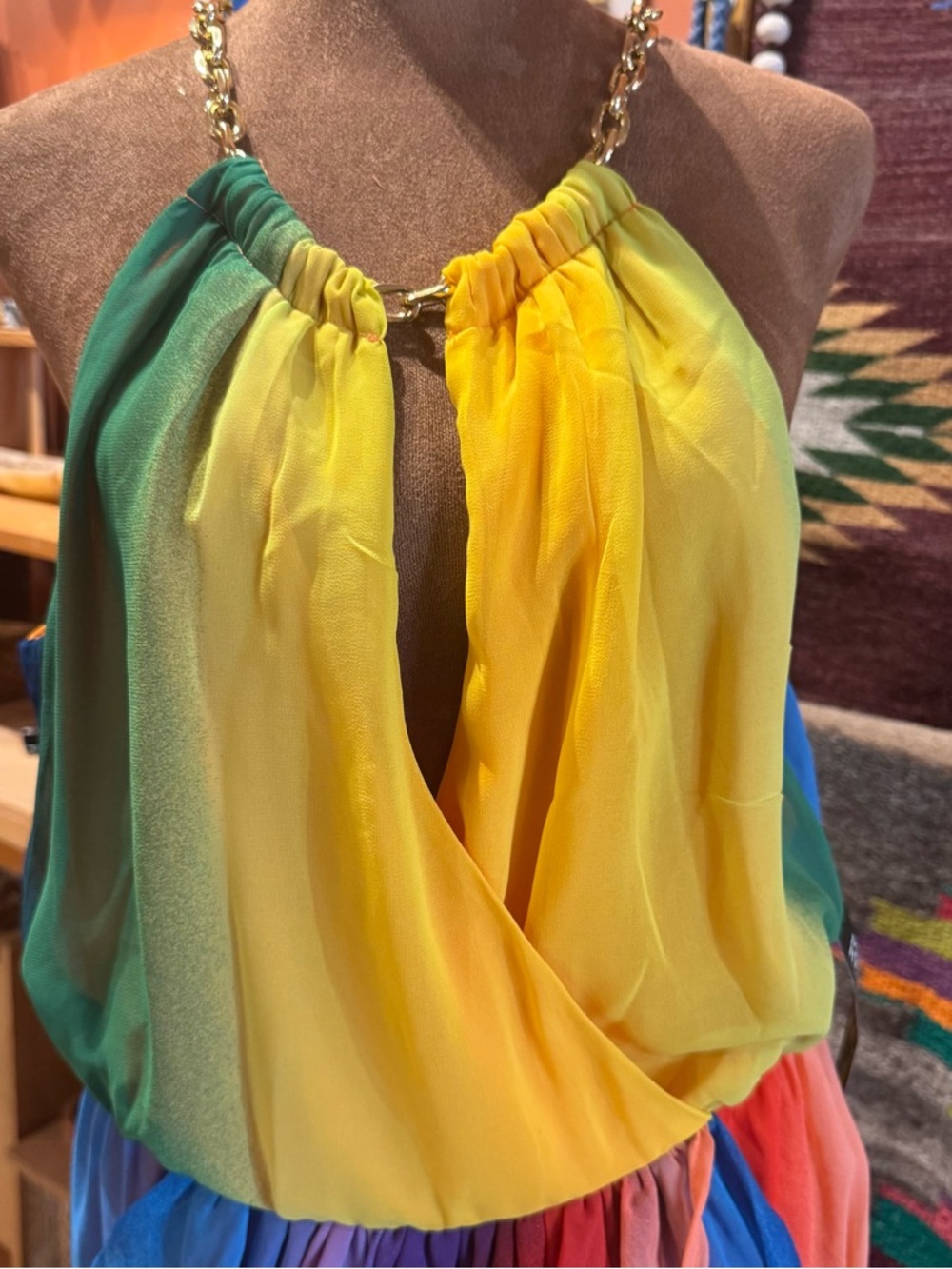 Vibrant Rainbow Halter Dress with Draped Skirt Medium - Picture 5 of 15